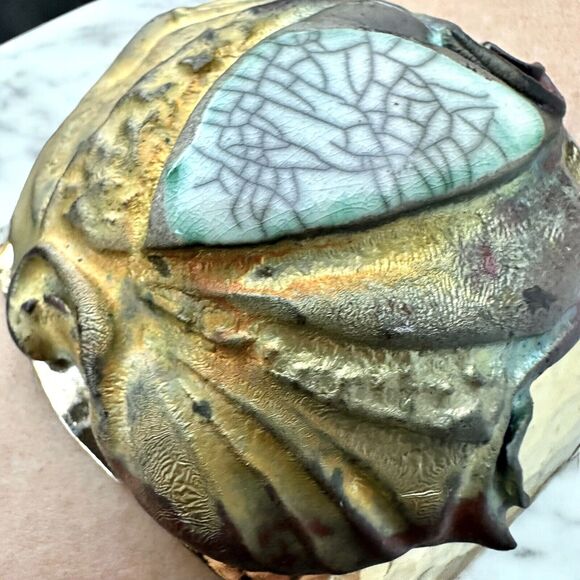 Vintage Raku Ceramic 80s Wide Cuff Bracelet Brutalist Gold Tone Metallic Glazed - Picture 3 of 6